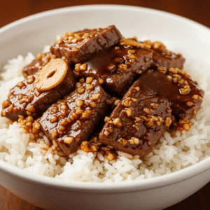 Tender slices of beef stir-fried with fresh garlic, onions and veggies, served over steam rice.