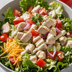 A salad with Romaine lettuce, grilled chicken breast, grated Parmesan cheese, Caesar dressing, and croutons.