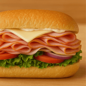 A sandwich with Smoked turkey breast, honey ham, provolone cheese, lettuce, tomato, onions, and Champa house dressing.