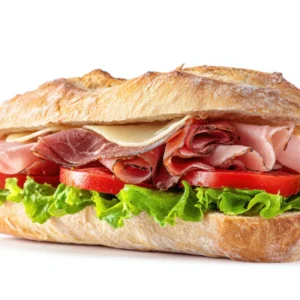 A sandwich with Honey ham, provolone cheese, lettuce, tomato, onions, and mayonnaise.