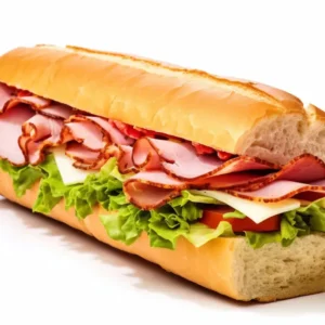 A sandwich with Smoked turkey breast, honey ham, bacon, provolone, lettuce, tomato, onions and mayonnaise.